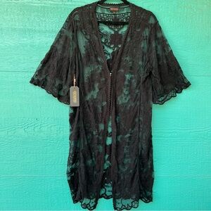 Shyanne Black Lace Kimono Duster Boho Sheer Floral Open Front NWT One Size